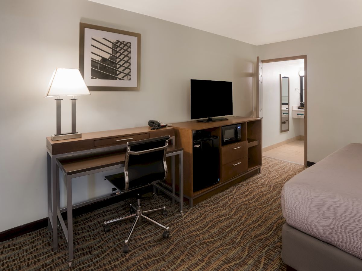 A hotel room with a bed, desk, chair, lamp, TV, mini-fridge, and a door leading to the bathroom. A framed picture hangs above the desk.